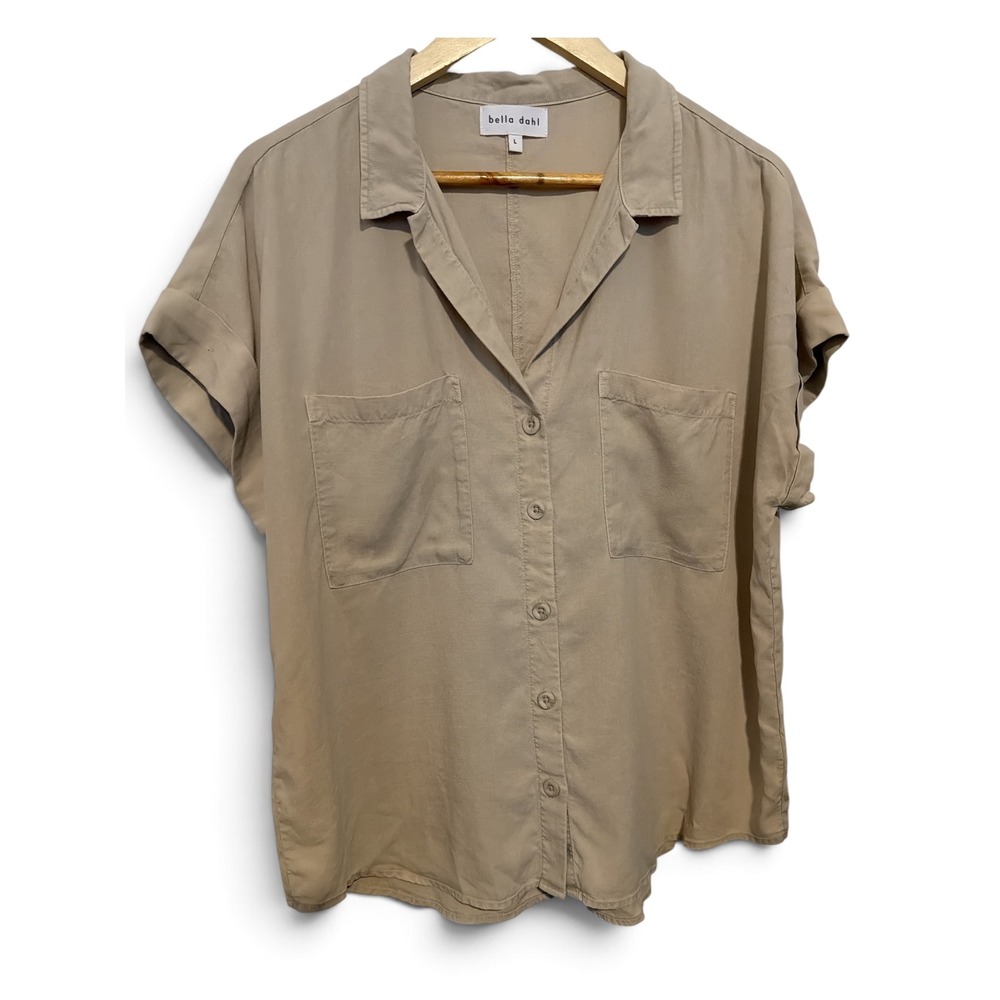 Bella Dahl Tan Tencel Short Sleeve Button Down Shirt Women Large